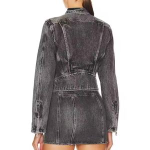 Nuevo Diseño Conjunto de Jeans de Mezclilla de Alta Calidad para Mujer, Chaqueta Corta Sexy con Cremallera, Falda en Línea A, Jeans de Mezclilla Deslavados con Efecto Ácido, Traje de Jeans para Mujer - Product Image 3