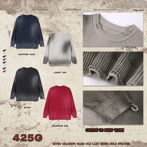 Pull en maille unisexe style streetwear américain 425G, délavé vintage, effet déchiré et troué, col rond, coupe oversize, pour usage quotidien - Product Image 1