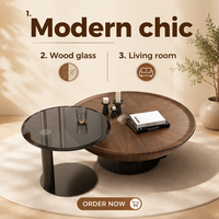 Ensemble de tables basses gigognes rondes en bois, style moderne et minimaliste, avec plateau en verre trempé de luxe, pour salon