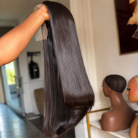 Perruque de luxe en cheveux humains lisses et soyeux, noire naturelle, sans colle, avec dentelle frontale pré-épilée, haute densité, en cheveux vierges pour femmes