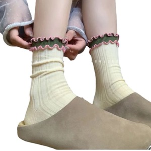 Womens Slouch <b>Socks</b> Gray Green Ruffled Trim Cotton Breathable Mid Calf <b>Sock</b> Youth Fashion - Product Image 4