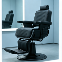 Fauteuil de Barbier Moderne Entièrement Noir en Cuir Cousu Verticalement pour la Coiffure et le Styling