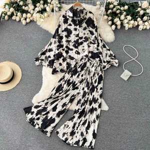 Ensemble chemise décontracté et polyvalent à imprimé léopard INS avec manches lanternes ensemble robe large plissée taille haute - Product Image 5