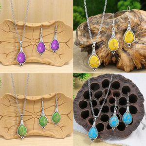 Ensemble de bijoux bohèmes pour femmes, collier et boucles d'oreilles en forme de goutte d'eau, alliage plaqué argent antique, ensemble tendance - Product Image 1