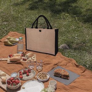 Hot Beach <b>Shopping</b> Grocery Women Recycled Button Closure Rope Handles Black Tote Branded Jute Bags - Product Image 6