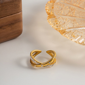 Cross Shape Gold <b>Open</b> <b>Ring</b> With White Diamonds Pave Setting For Women - Product Image 3