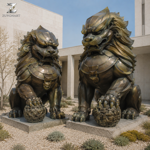 Scultura di Leone Guardiano in Bronzo, Statua di Cane Foo Fusa a Mano con Patina Anticata per Decorazione di Ville, Cancelli, Hotel, Giardini e Templi - Product Image 1