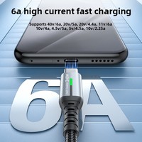 Cable de Carga Rápida Tipo-C a C de 240W 6A, Alta Corriente, con Trenzado de Nailon, Indicador LED, Sincronización de Datos para Teléfono y Portátil, Negro