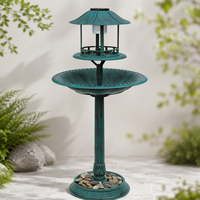 Estación de Baño para Pájaros Solar Cuatro en Uno con Comedero LED, Jardinera, Base de Piedra, Resina Resistente a la Intemperie para Decoración de Jardín