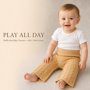 Pantalon tricoté pour bébé, beige camel, tricot nid d'abeille, taille côtelée, jambe large, à enfiler, OEM ODM, fabrication sur mesure - Product Image 2