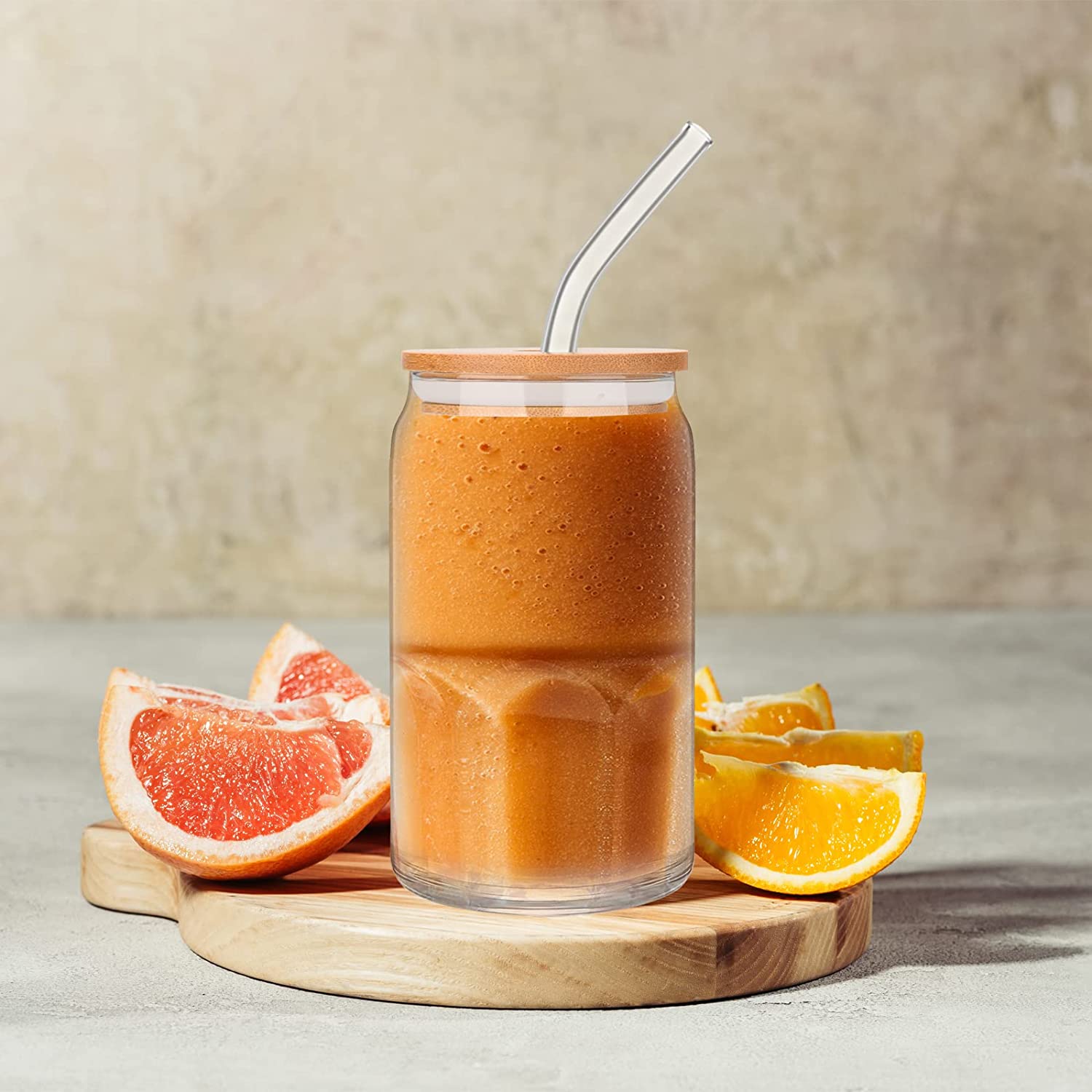 Beer Can Glasses with Bamboo Lid and Glass Straws,Drinking Glasses 6pcs Set,16oz Can Shaped Glasses with Lid and Straw