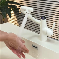 Robinet de lavabo à affichage numérique - Robinet de lavabo pliable en laiton blanc crème Robinet de salle de bain avec interrupteur eau chaude et froide pour évier