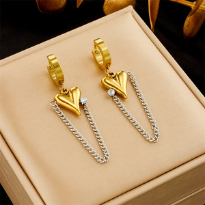 Heart Shape <b>Chain</b> Earrings Gold Plated <b>Titanium</b> Steel With Diamond Pendant For Women Party Jewelry - Product Image 2