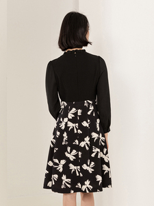 Abito Midi da Donna Primavera Autunno <span class=keywords><strong>Bianco</strong></span> e <span class=keywords><strong>Nero</strong></span> <span class=keywords><strong>con</strong></span> Stampa a Fiocco, Cerniere, Vita Naturale e <span class=keywords><strong>Colletto</strong></span> a Volant per Ufficio e Casual - Product Image 4