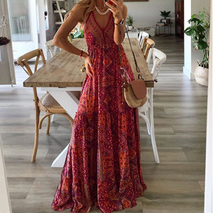 Abito lungo bohémien in chiffon floreale con scollo a V e vita alta, estivo 2023 - Product Image 3