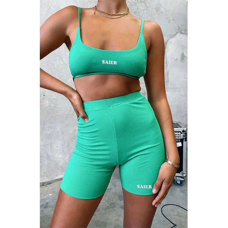 2023 Custom Logo Women Fitness Shorts Sets Backless Crop Top Tracksuit Two Piece Pants Set Women Clothing