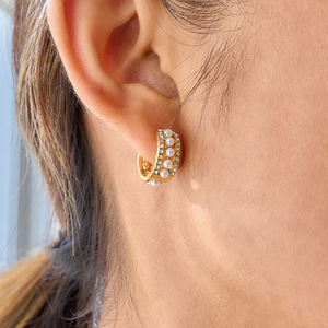 Huggie Earrings Gold Tone Pearl Rhinestone Channel Setting Stainless Steel Everyday Wear - Product Image 2