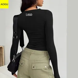 Sutiã de manga longa personalizado para mulheres dançarinas, top cropped de ioga, camisas de ginástica com buracos para figuras