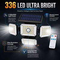 Lampe murale solaire intégrée à 4 têtes avec télécommande, 336 LED, détecteur de mouvement extérieur, lampe de sécurité