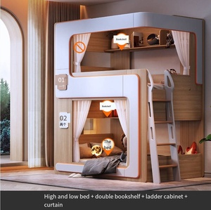 Modern Wooden Bunk Bed With LED Lighting <b>Shelves</b> and Stairs Space Saving Two Tier for Kids Room Bunk Bed - Product Image 4