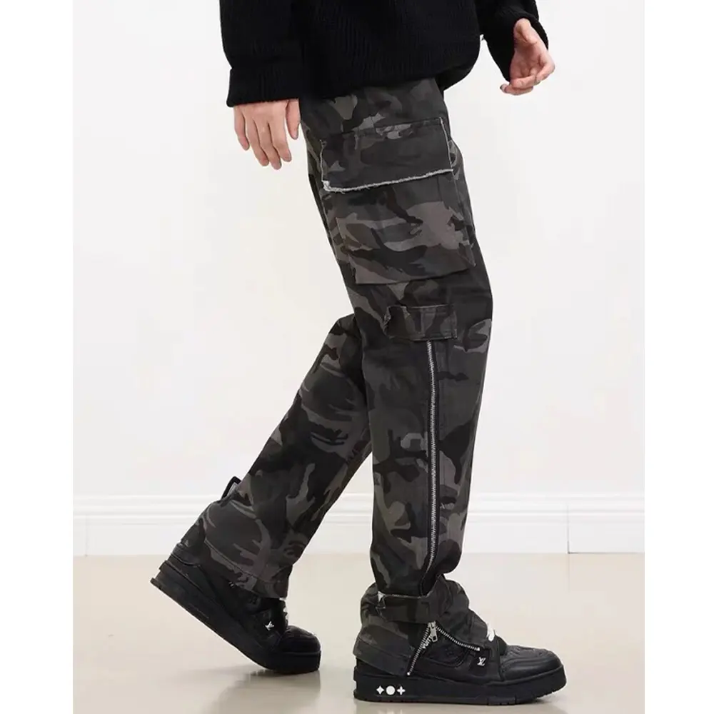 ג'ינס מטען במצוקה לגברים בהתאמה אישית רגל ישרה בגזרה דקיקה קאמו מודפס רגלי צד מרובות כיסים חריצים פאנק היפ הופ רחוב לגברים
