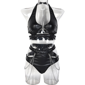 Hot Erotic PU Leather Chain Luxury Lingerie <b>Set</b> <b>Sexy</b> Halter Neck 2 Piece <b>Bra</b> and Panty <b>Set</b> - Product Image 6