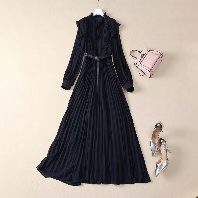 Women's Autumn Pleated Maxi Dress With Long Sleeves And Sashes For Party Use In Solid Color