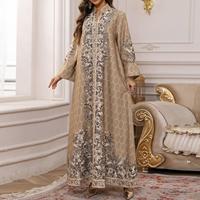 Imprimé floral musulman luxe perles femmes robes moyen-orient élégant Maxi longue col en v femmes robe Abaya