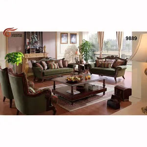 Set Sofa 7 Dudukan Kayu Elegan Gaya Perancis, Amerika Desain Warna Hijau 9889