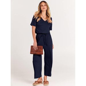 Combinaison courte décontractée d'été pour femme FOXA, manches courtes, col en V, taille élastique, jambes larges, avec poches - Product Image 2