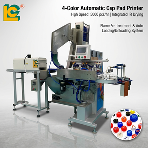 Machine automatique de tampographie pour bouchons avec ligne de prétraitement à la flamme et séchage IR pour bouchons de bouteilles en plastique - Product Image 1