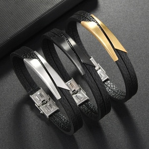 Fashion Stainless Steel PU Wristband Men Double Leather Rope <b>Bracelet</b> Gold Plated Hand Jewelry - Product Image 3