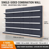 Étagère gondole 5 niveaux 4 baies simple face en métal gris foncé pour supermarché avec porte-étiquettes de prix pour magasin de détail