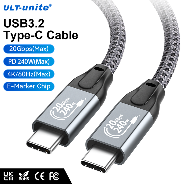ULT-unite CE UKCA FCC RoHS 4K 60Hz 0.6m 1m 2m USB 3.2 Cable Usb-c to Type-c PD 240W Fast Charging USB c Data Cable for Computer