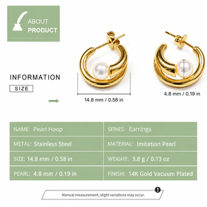 Boucles d'oreilles doubles créoles en acier inoxydable plaqué or 14 carats, imitation perle, sculpturales, 0,3 mm d'épaisseur - Product Image 3