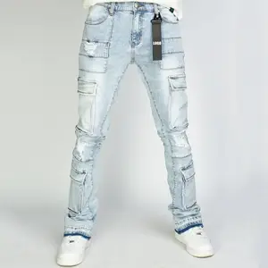 Custom 100% Cotton Denim Bungee-style Elastic Multiple Cargo Pockets Straight Baggy Washed Jeans