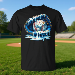 T-shirt unisexe pour adulte à manches courtes et col rond, imprimé numériquement, motif gants de baseball et confettis de crème glacée, Sports et jeux - Product Image 3