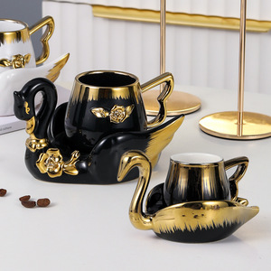 Tasse à café créative en céramique en forme de cygne avec soucoupe, ensemble de tasses à café en céramique électroplaquées pour la maison - Product Image 4