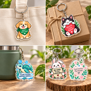 Porte-clés en acrylique mignons à motifs animaux de dessins animés, messages éco-responsables : Adoptez, Nez achetez pas, Sauvez, Aimez, Répétez, Forme irrégulière, Légers, Souvenirs - Product Image 3