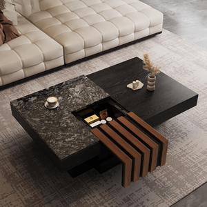 Tavolino da Caffè Moderno Minimalista in Marmo con Contenitore, <span class=keywords><strong>Arredamento</strong></span> per <span class=keywords><strong>Soggiorno</strong></span>, <span class=keywords><strong>Rettangolare</strong></span> Nero in Legno Massello Stile Mid-Century - Product Image 3