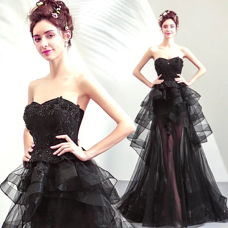 luxury evening dress black strapless banquet evening dress real sample pictures sexy catwalk tuxedo