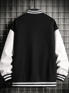 แจ็กเก็ตสไตล์เพรพพี้ของผู้ชายโพลีเอสเตอร์แบบดรอปชิปแขนยาวคอตั้งบล็อกสีแบบปกติกระดุมแถวเดียว - Product Image 2