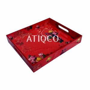 Plateau en bois le plus vendu Plateau en MDF imprimé de fleurs laquées multicolores Plateau à thé de service attrayant le plus récent et unique - Product Image 1
