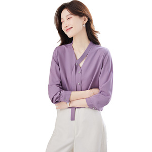 Elegant Long Sleeve Shirt Women Purple V Neck Satin Wrap Tie Office Blouse Solid Color Polyester Fabric - Product Image 5