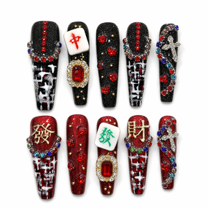 Ongles artificiels de luxe faits à la main avec strass 3D, forme amande, couverture complète en acrylique, 10 pièces pour soirée - Product Image 2