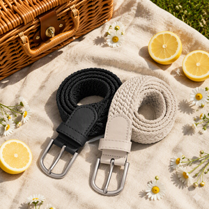 Set di Cinture Elastiche Intrecciate per Uomo e Donna, <span class=keywords><strong>Cintura</strong></span> in Tessuto Elasticizzato 110 cm, Nero e <span class=keywords><strong>Beige</strong></span> - Product Image 4