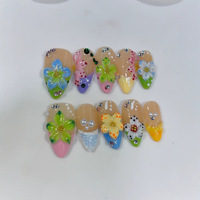 Ongles en amande arc-en-ciel, 10 pièces, avec fleurs 3D, strass et perles, faits à la main, à presser, luxe, taille moyenne
