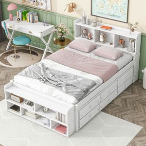 White Children's <b>Storage</b> Bed With Bookshelf And Drawers Multi Functional Bed For Bedroom <b>Kids</b> Furniture - Product Image 2