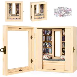 Mini estantería de madera, modelo de biblioteca de escritorio, adorno, caja de almacenamiento de color madera natural con espejo y asiento acolchado - Product Image 1