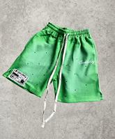 Shorts en molleton de coton dégradé teint par immersion avec strass épars et patch en papier pour un streetwear unisexe d'été